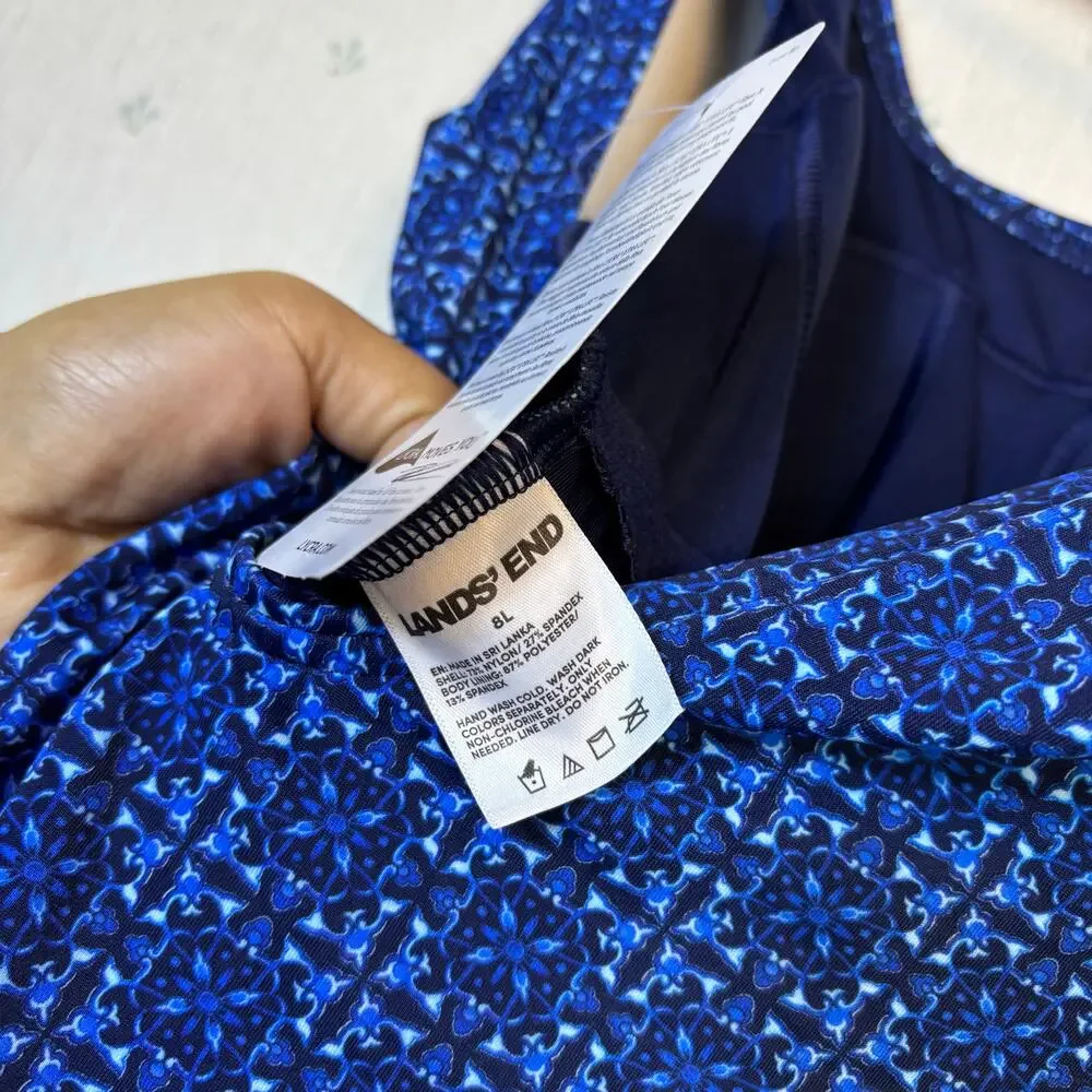 Lands End Tugless Low Leg One Piece Swimsuit 8L Navy Mosaic Mini Tile UPF50  NWT - Picture 11 of 13